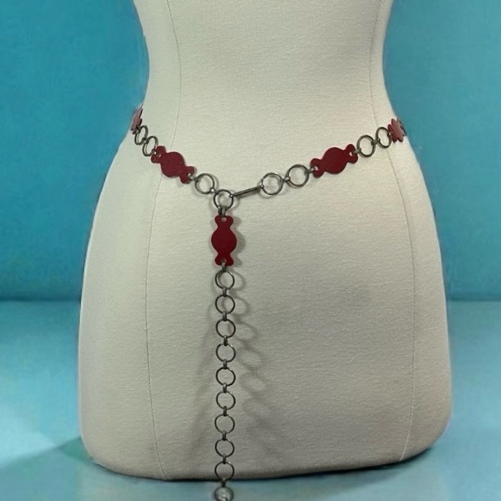 Vtg Gothic Renaissance Gypsy Boho Mod Metal Waist Chain Link Red Circle Hip Belt